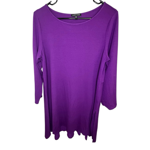 Eileen Fisher Basic Purple Long Sleeve Scoop Neck Mini Tunic Dress - Picture 2 of 6